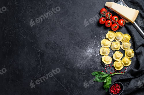 Preview: Raw ravioli. The process of making homemade Italian ravioli. Black background