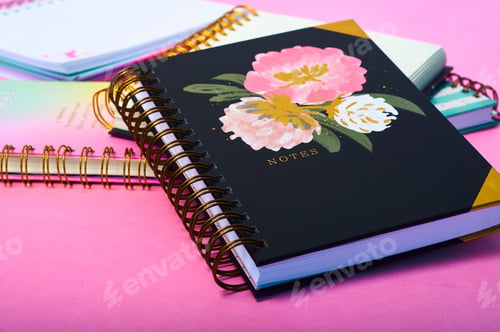 Preview: Notebooks with a beautiful design on a pink desk