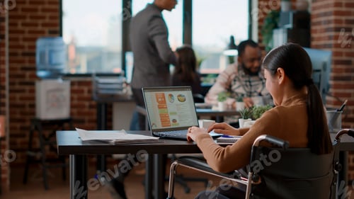 Preview: Asian woman greeting office colleagues and arriving at work