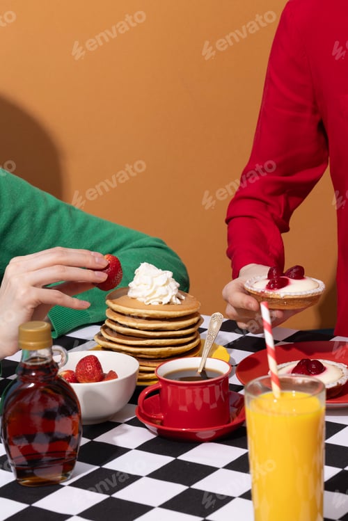 Preview: Canada Day traditional food concept. A girl in a classy cafe eats in Canada. Breakfast and lunch.