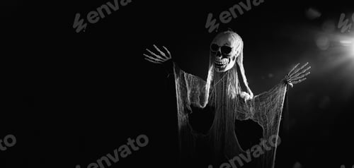 Preview: Mysterious creature with skull in smoke under the blue night light for Halloween