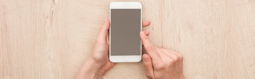 Preview: panoramic shot of woman holding smartphone with blank screen