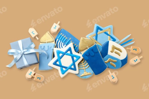 Preview: Decorative Hanukkah cookies and dreidels with gifts displayed