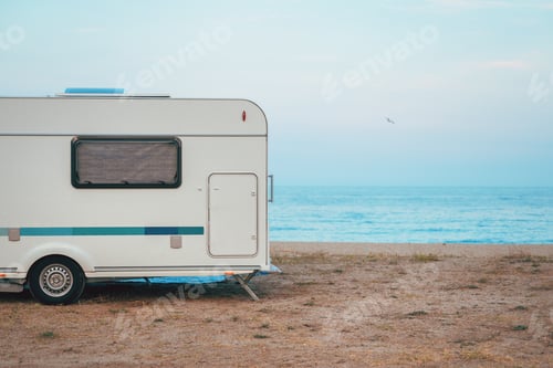 Preview: Camping trailer on Aegean sea beach in Greece
