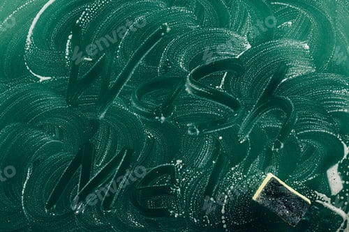 Preview: top view of words wash me written with foam on dirty green tabletop