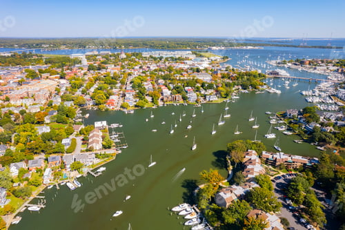 Preview: Aerial view of the Maryland harbor with ships and boats in Annapolis, Maryland, United States