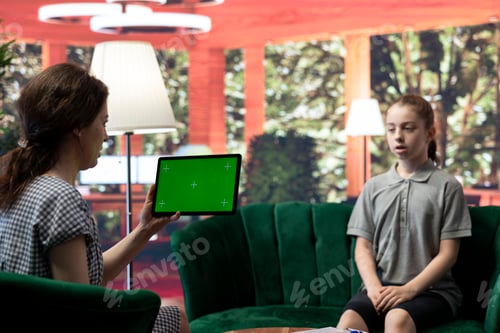 Preview: Teen girl in behavioral therapy next to copy space mockup discussing struggles