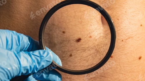 Preview: Mole dermoscopy, preventive of melanoma. Dermatologist examining patient's birthmark with magnifying