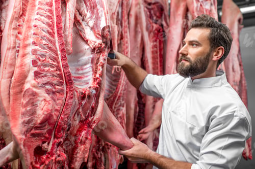 Preview: Butcher cutting pork at the manufacturing