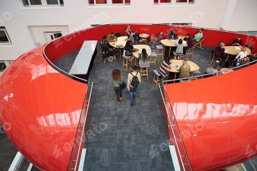Preview: Walkway to university mezzanine social area, elevated view