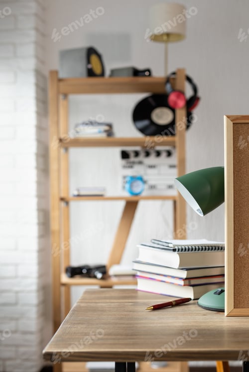 Preview: Cork board frame background at table in office. Class student home workplace