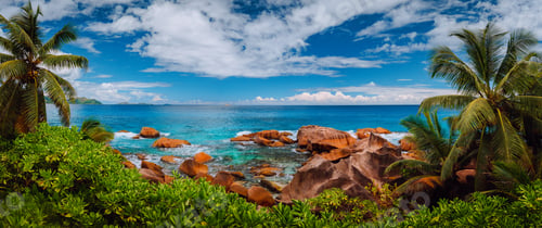 Preview: La Digue island rural panorama landscape. Exotic paradise nature of Seychelles
