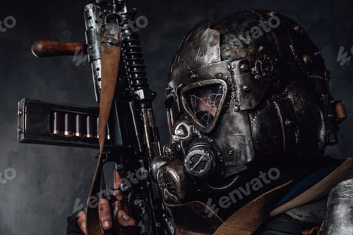 Preview: Armoured apocalyptic stalker's headshot in dark background