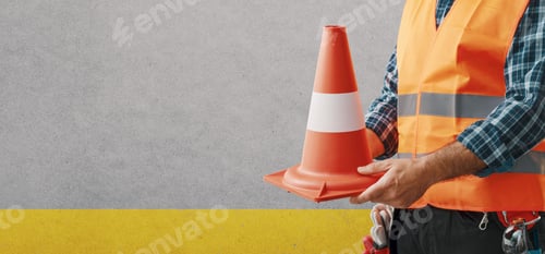 Preview: Road worker holding a traffic cone
