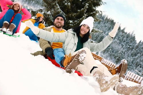 Preview: Group of friends having fun and sledding on snow. Winter vacation