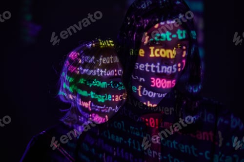 Preview: portrait of futuristic couple with neon programming lettering on dark backdrop, cosplay concept