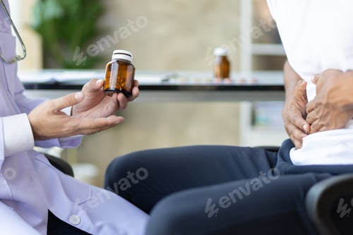 Preview: Doctor diagnosing a man's stomach pain and giving medicine for diarrhea.