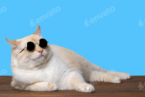 Preview: A big cat in black glasses lies imposingly on the table, blue background