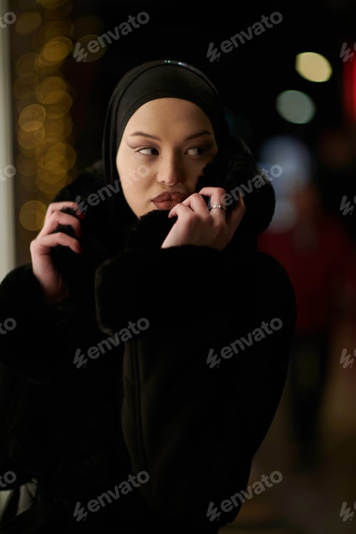 Preview: Muslim woman walking on an urban city street on a cold winter night wearing hijab