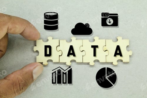 Preview: Wooden puzzles with data icons and data words. data concept