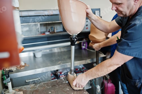 Preview: Two prosthetist man workers making prosthetic leg while working in laboratory.
