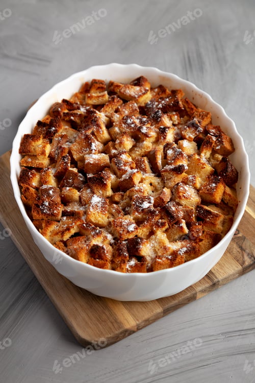 Preview: Homemade Bread Pudding in a Dish, side view.