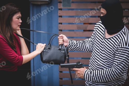 Preview: Thief threatening with gun, young woman fight over with robber who stealing bag.