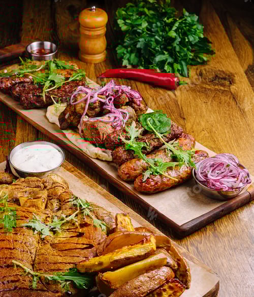 Preview: Savory grilled meats served on a wooden platter with fresh garnishes