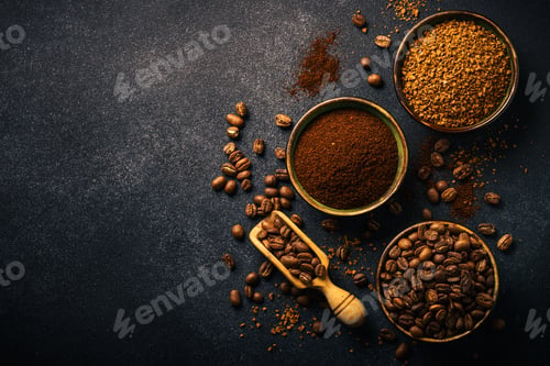 Preview: Roasted coffee beans, ground coffee and instant coffee in bowls at dark background.