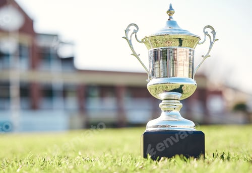 Preview: Trophy on grass, champion and prize with fitness outdoor, competition and game with mockup space. A
