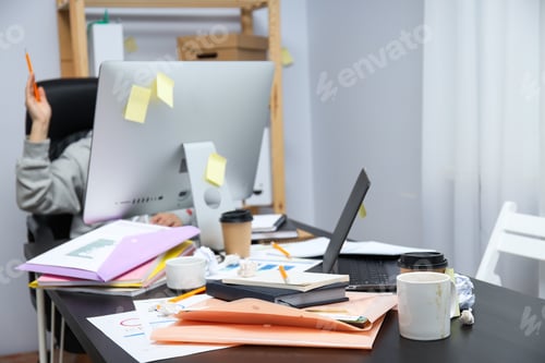Preview: Messy office workplace, workplace and workspace concept