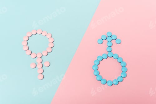 Preview: High angle view of male and female signs from hormonal pills on blue and pink surface