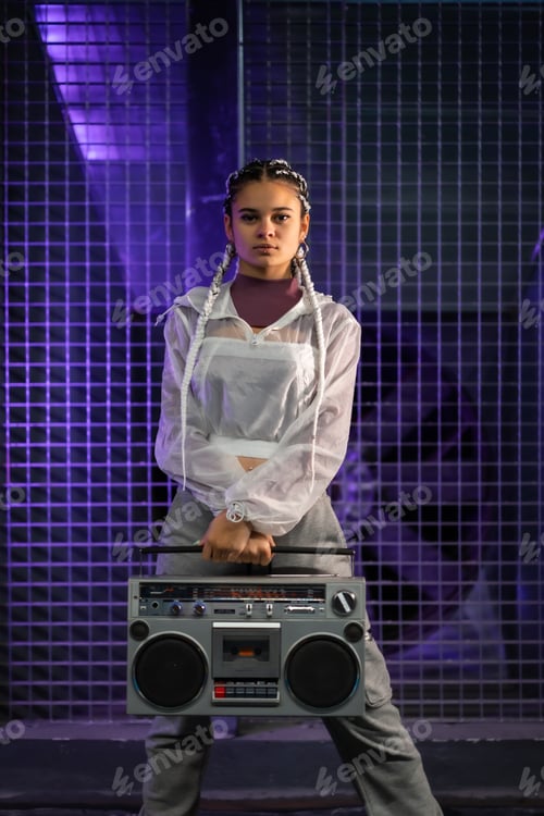 Preview: Young girl with white braids with a boombox on an urban background, purple lights