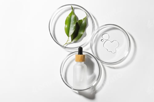 Preview: Petri dishes with sample, leaves and bottle on white background, top view