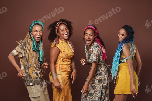 Preview: Young black four women wearing dress singing and dancing on camera