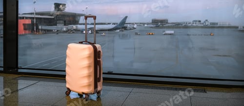Preview: Travel.young woman at airport at window with suitcase waiting for plane, girl waiting for departure