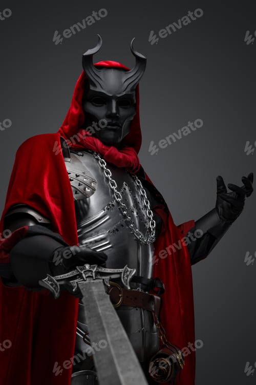 Preview: Medieval dark knight with horned mask holding sword