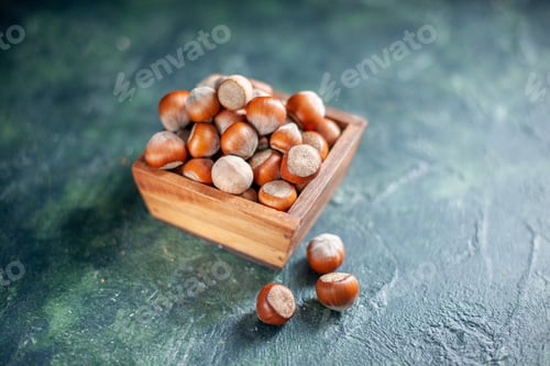 Preview: front view fresh hazelnuts on dark-blue background nut cips photo snack shell walnut peanut color