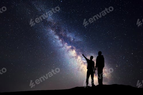 Preview: Landscape with Milky Way. Silhouette of a father and son