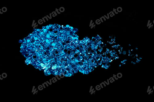 Preview: Blue glitter makeup product smear on black. Eye shadow, lip gloss and face for holiday makeup swatch
