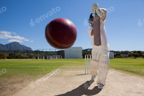 Preview: Full length of batsman playing cricket on pitch against blue sky