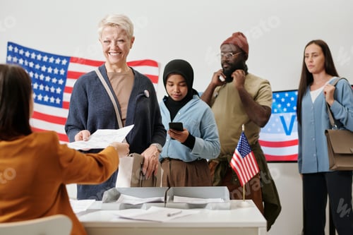 Preview: Queue of intercultural voters standing by desk of electoral commission
