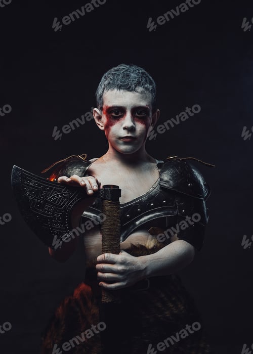 Preview: Little barbaric warrior with huge axe in dark background