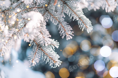 Preview: Outdoors christmas tree branch with needles covered with ice