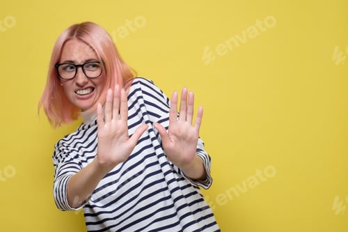 Preview: Woman expressing no gesture with hand. I refuse to do it