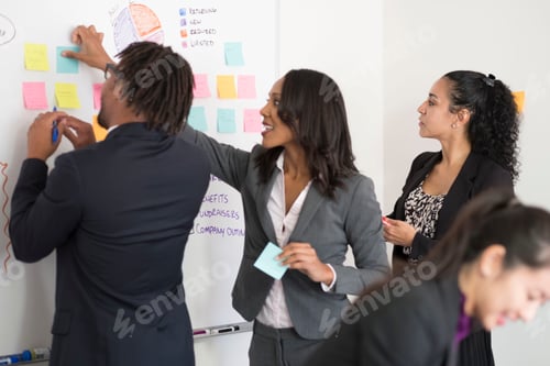 Preview: Businessman and businesswomen, in office, brainstorming, sticking notes to whiteboard