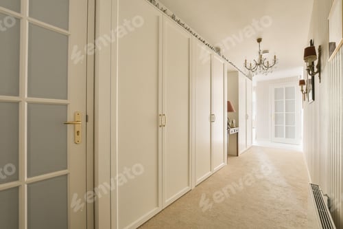 Preview: a long hallway with white closet doors and a carpet