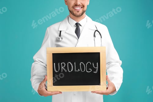 Preview: Male doctor holding small blackboard with word UROLOGY on turquoise background, closeup