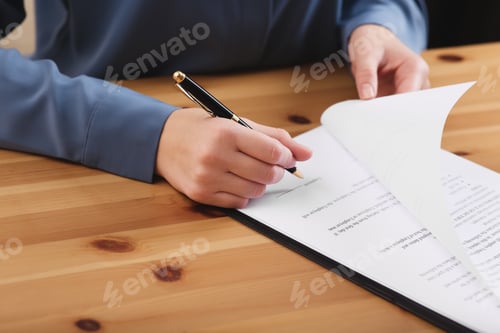 Preview: Businesswoman signing contract at wooden table, closeup of hands