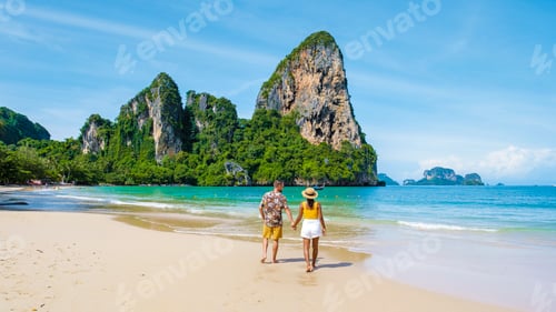 Preview: Railay beach Krabi Thailand, tropical beach of Railay Krabi, couple men and woman on the beach